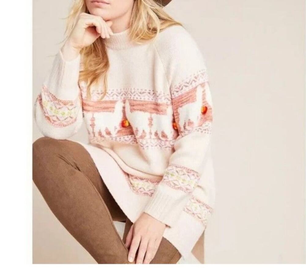 Anthropologie Aimee Pommed Alpaca Sweater Blush Pink Peach Mock Neck Small